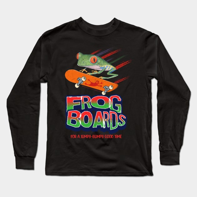 Cute and Funny red eyed tree frog is having a good time on a skateboard with frog boards having a jumpy and bumpy good time Long Sleeve T-Shirt by Danny Gordon Art